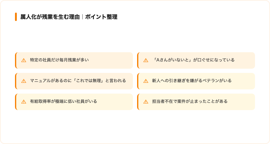 属人化が残業を生む理由の概念図